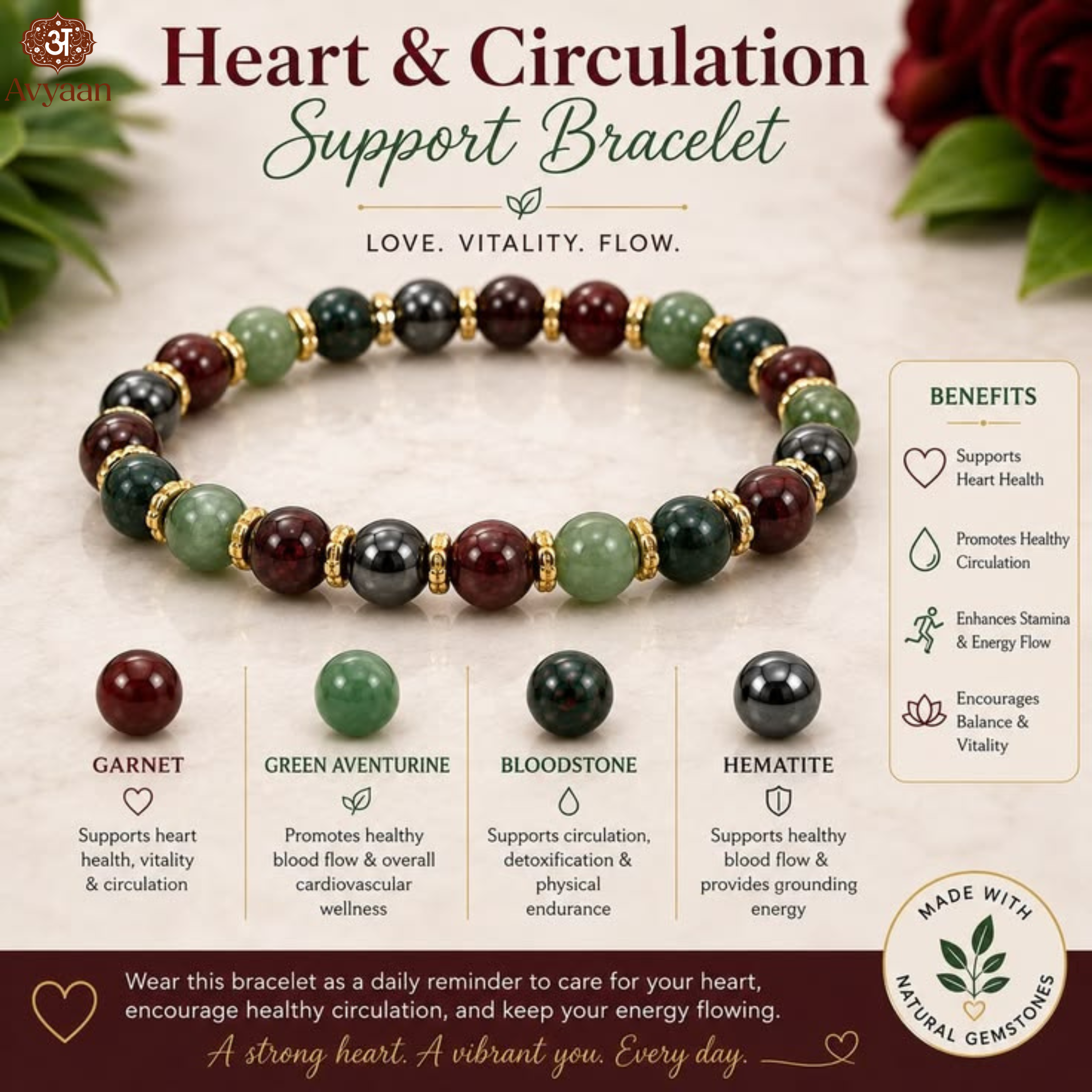 Natural Gemstone Heart & Circulation Support Bracelet for Men and Women - Healing Crystal Beaded Bracelet with Garnet, Green Aventurine, Bloodstone, and Hematite (Love, Vitality & Flow)