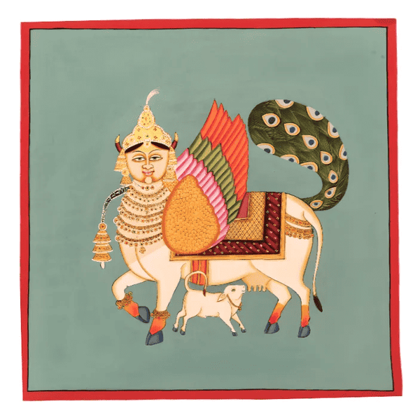 Kamadhenu, also known as Surabhi  in Pichwai Painting by Diwakar Sharma