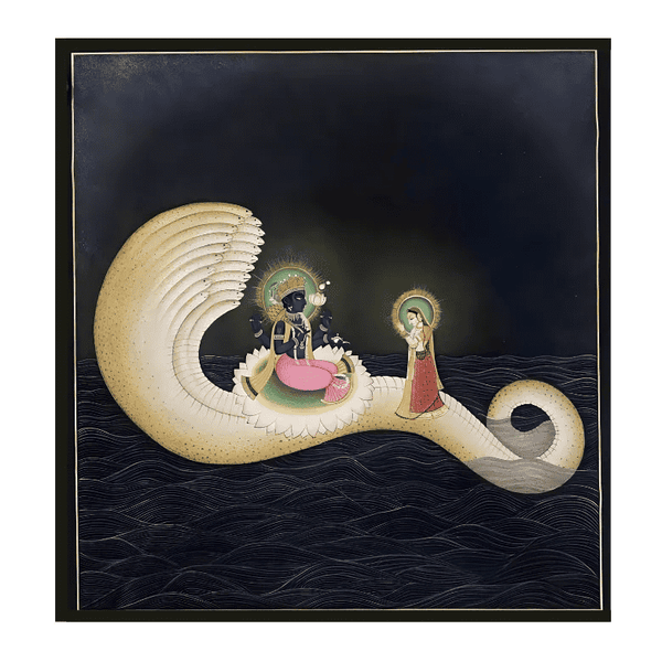 Vishnu on Sheshnag in the Celestial Ocean in Pichwai Painting by Diwakar Sharma