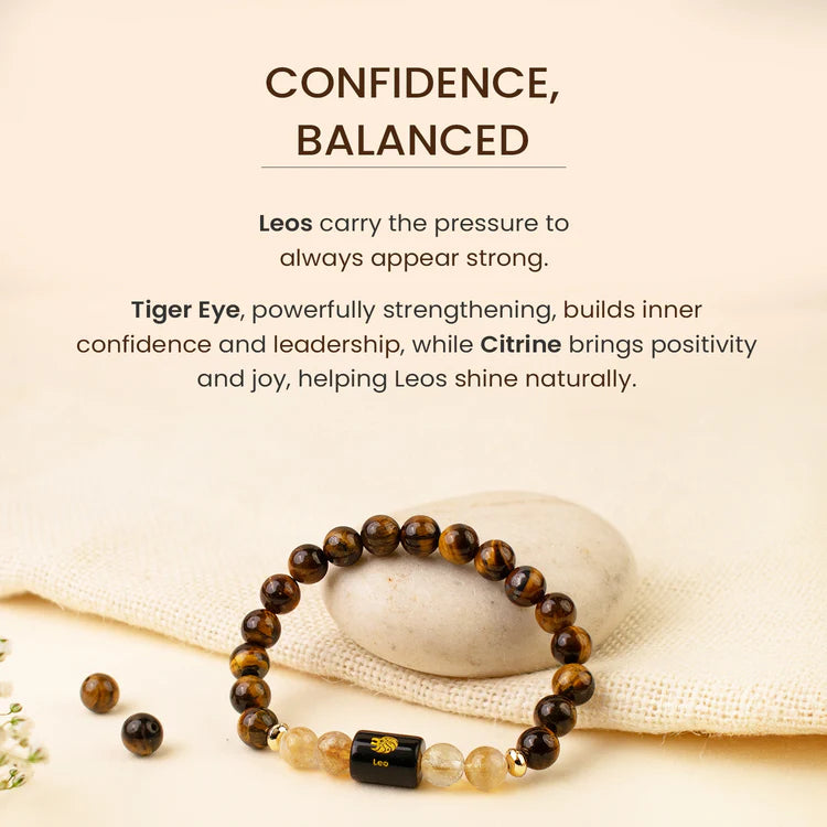 Tiger Eye and Citrine beaded bracelet for confidence, balanced energy, handcrafted with Leo charm