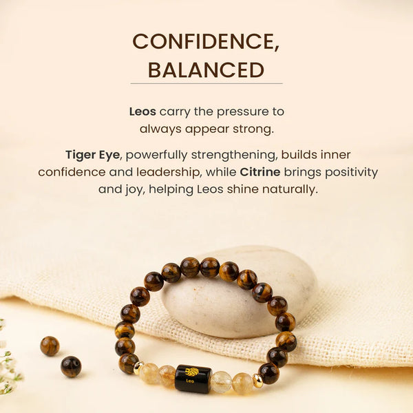 Tiger Eye and Citrine beaded bracelet for confidence, balanced energy, handcrafted with Leo charm