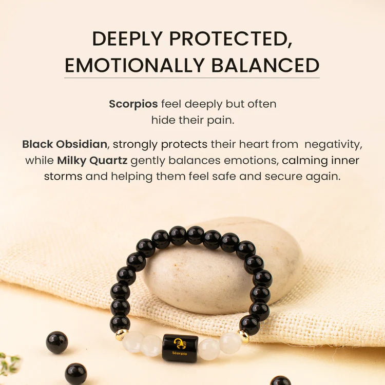 Scorpio (वृश्चिक राशि) Zodiac Black Obsidian & Milky Quartz Bracelet