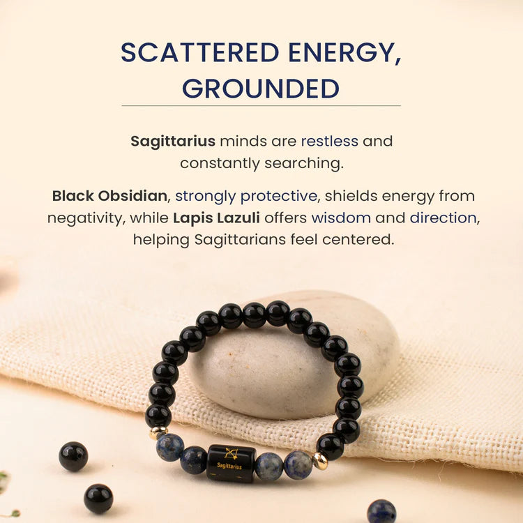 Sagittarius (धनु राशि) Zodiac Black Obsidian & Lapis Lazuli Bracelet