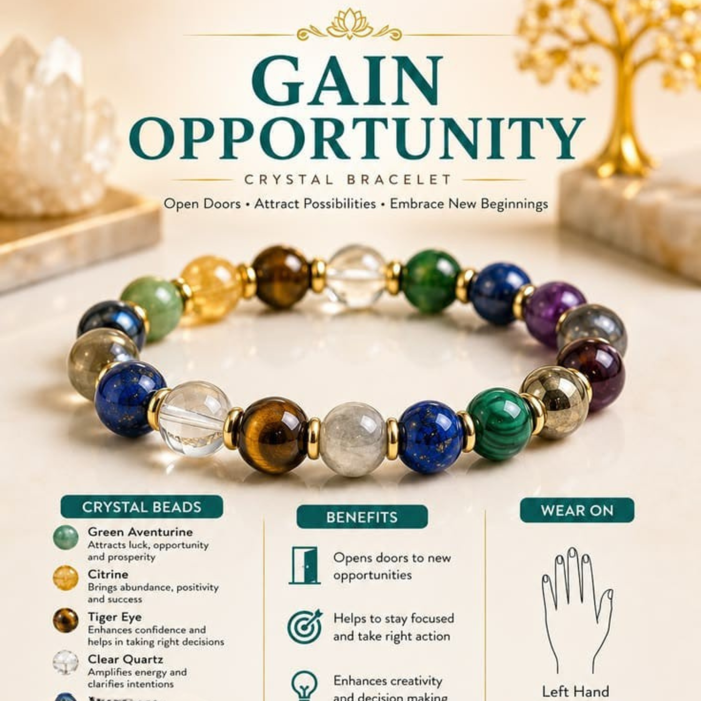 Natural Gain Opportunity Crystal Bracelet for Abundance & Success - Manifestation & Healing Stone Bracelet with Citrine, Green Aventurine, Tiger Eye, Lapis Lazuli, and Pyrite for Men and Women