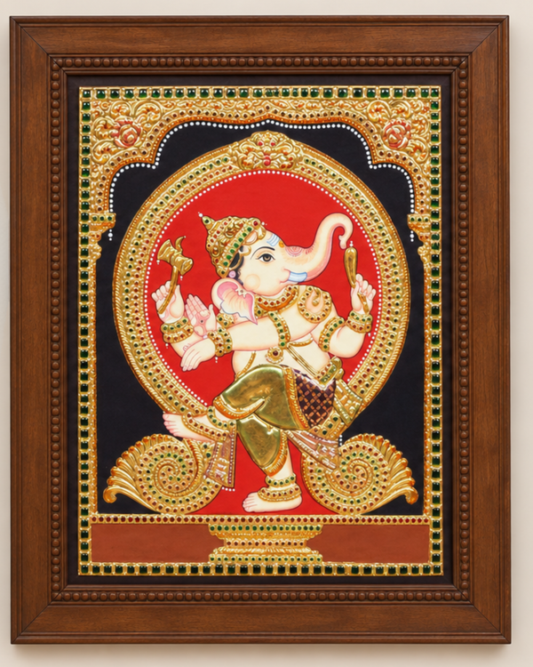 Dancing Ganesha Tanjore Painting with Pure 22k Gold Foil