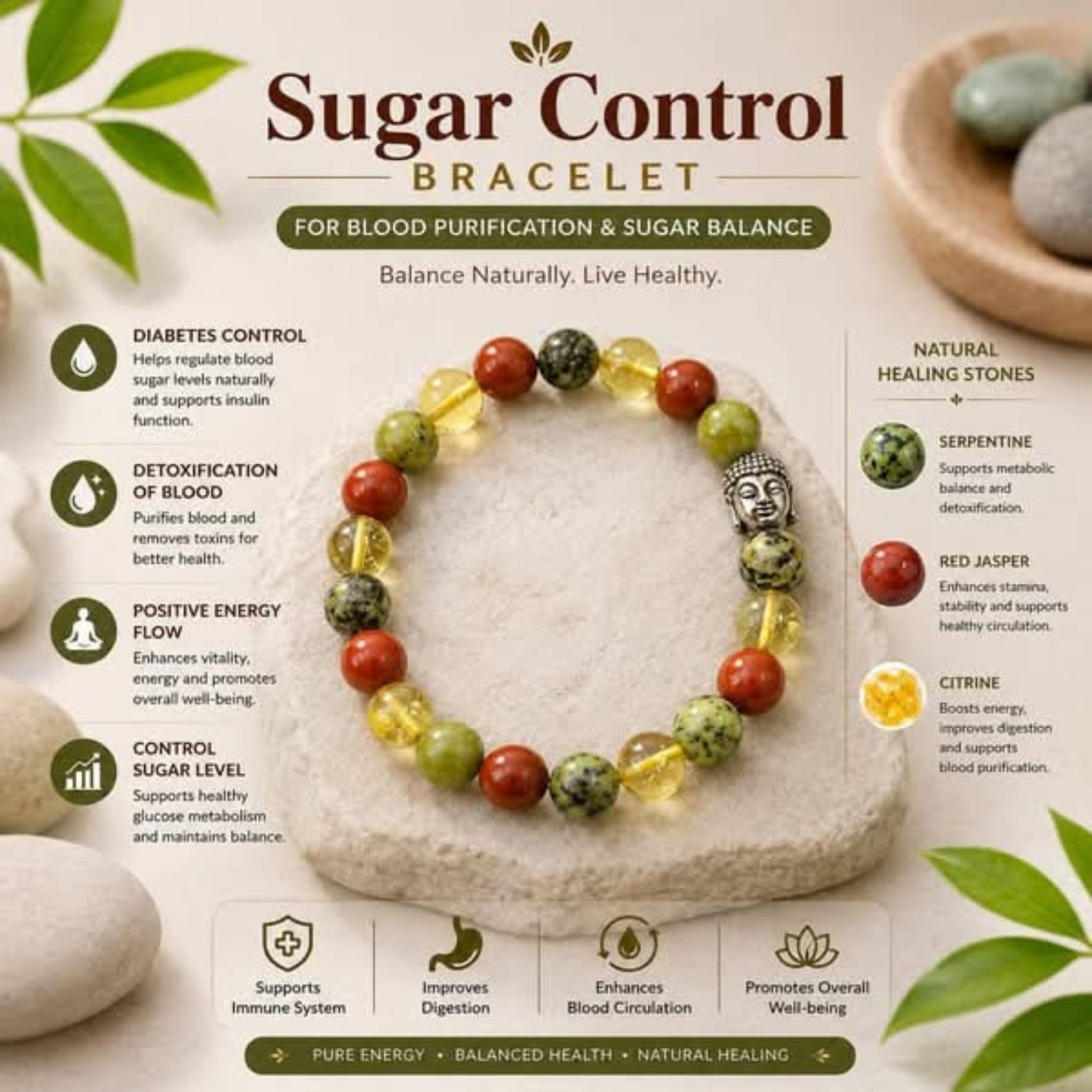 Natural Healing Crystal Sugar Control Bracelet for Well-being - Blood Purification & Sugar Balance Beaded Bracelet with Serpentine, Red Jasper, and Citrine for Men and Women