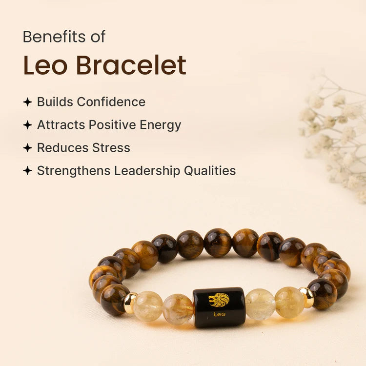 Leo Bracelet with tiger eye beads and lion emblem, promotes confidence and positive energy