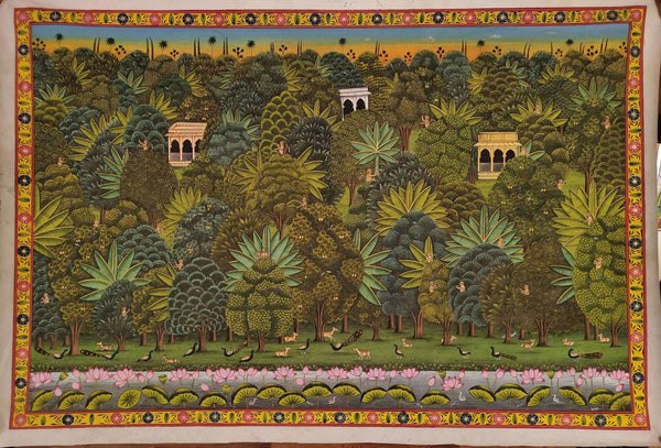 Krishna's Sacred Grove in Bloom in Pichwai Painting by Diwakar Sharma