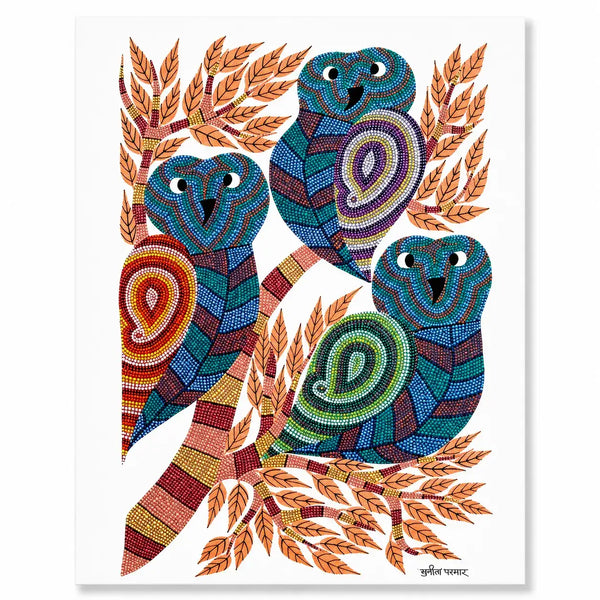 A Trio of Owls in Bhil Art Painting by Sunita Parmar