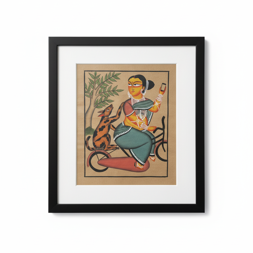 Framed artwork of a traditional style painting on a white background phone is in her hand with dog & bicycle A calling pattachitra 