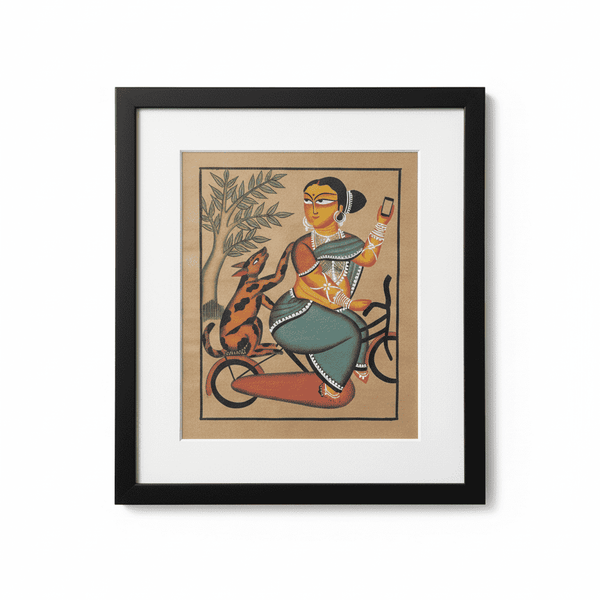 Woman with Phone and Bicycle in Pattachitra Painting by Chandan Chitrakar