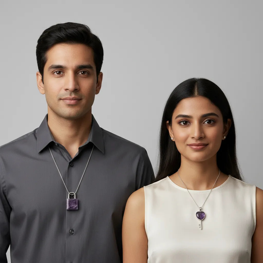Amethyst Lock & Key Pendant Set