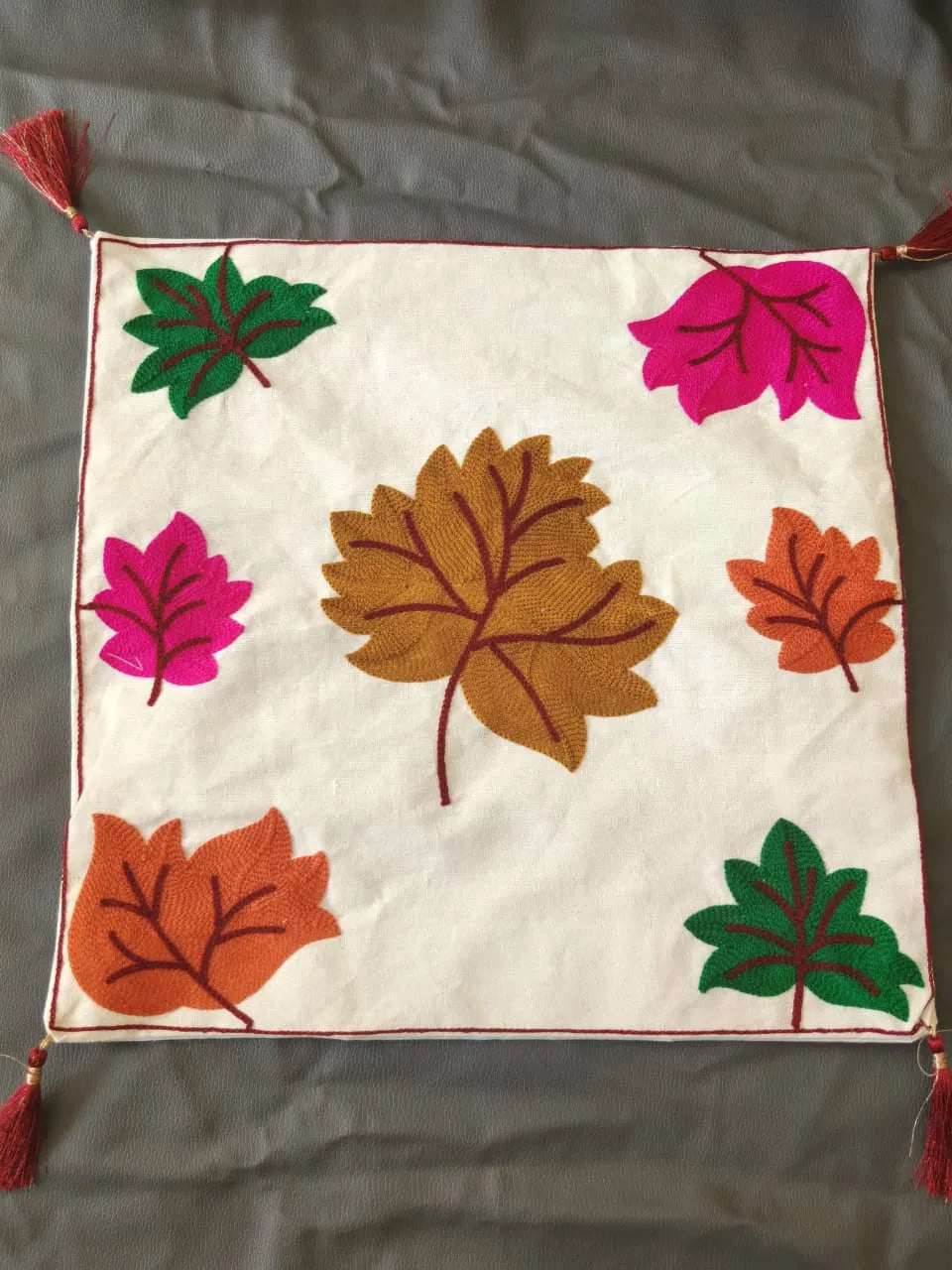 Autumn Leaves Hand-Embroidered Cotton Cushion Cover Set of 5