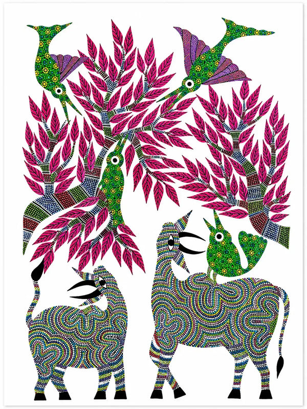 Beneath the Blossoming Canopy in Bhil Art Painting by Sunita Parmar