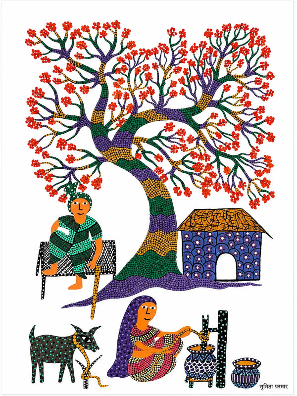 Beneath the Flowering Tree in Bhil Art Painting by Sunita Parmar