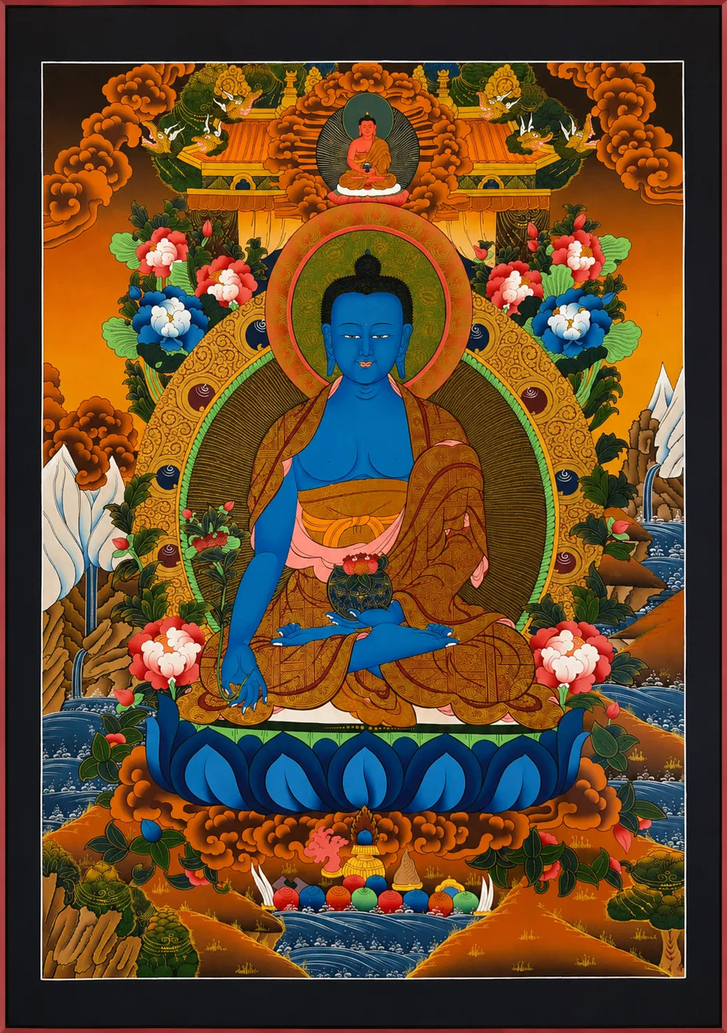 Blue Medicine Buddha Thangka with floral mandala, traditional Tibetan art, hand-painted spiritual decor - 100% Authentic Heritage Art by Avyaan
