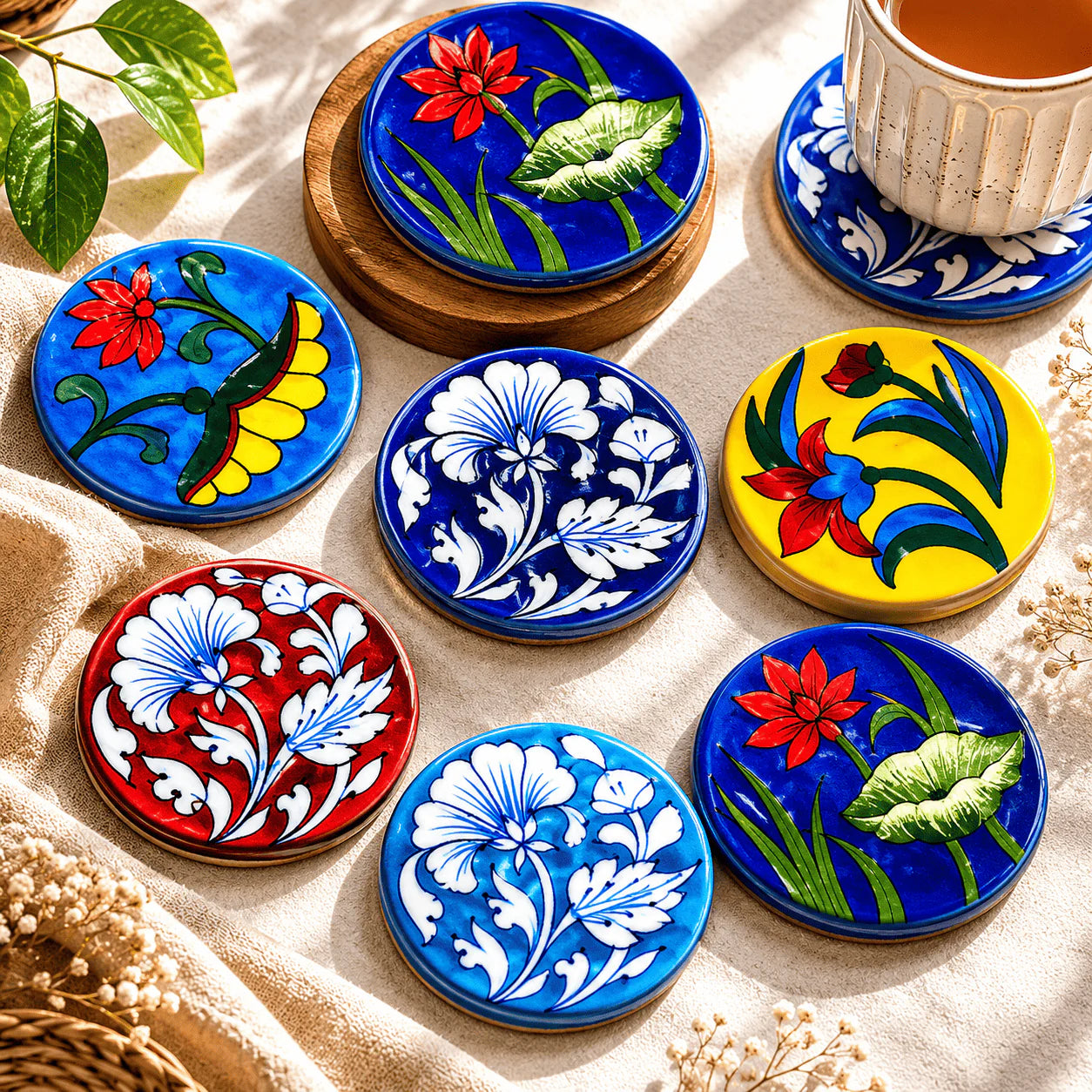 Handcrafted Blue Pottery Coasters (Set of 6) Assorted
