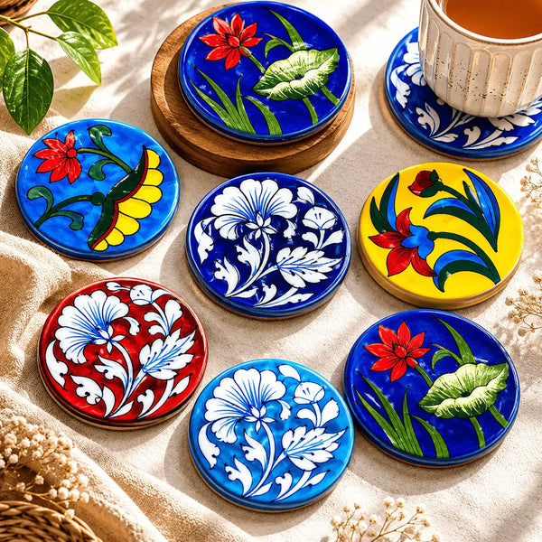 Handcrafted Blue Pottery Coasters (Set of 6) Assorted