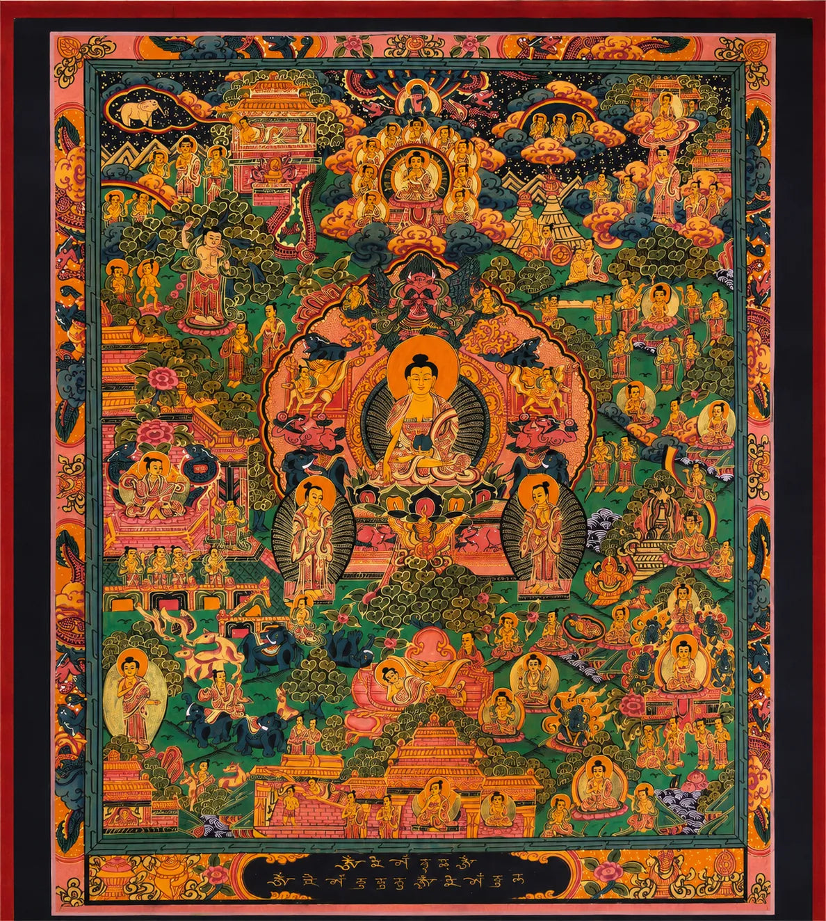 Buddha Thangka painting with intricate details, vibrant colors, and traditional Tibetan Buddhist iconography