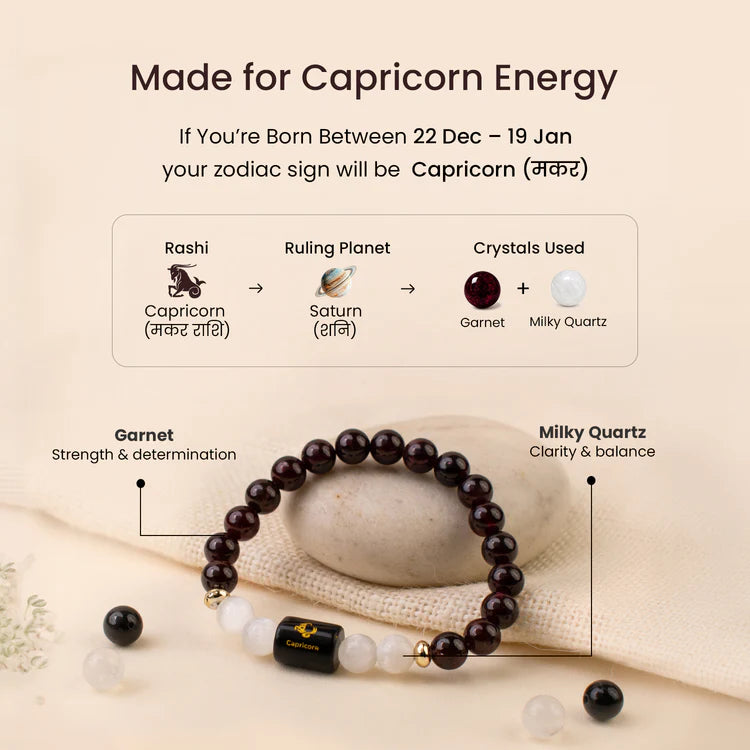 Capricorn (मकर राशि) Zodiac Garnet & Milky Quartz Bracelet