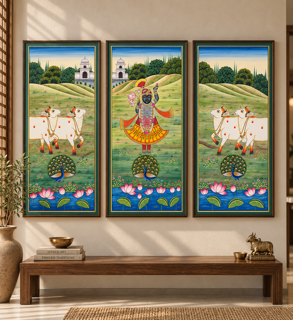 Shrinathji with Sacred Cows & Peacocks by Diwakar Sharma