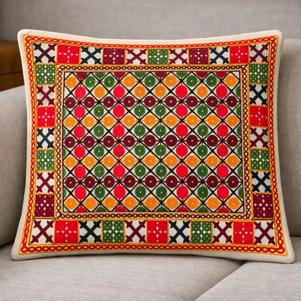 Color Grid Hand-Embroidered Cotton Cushion Cover Set of 5