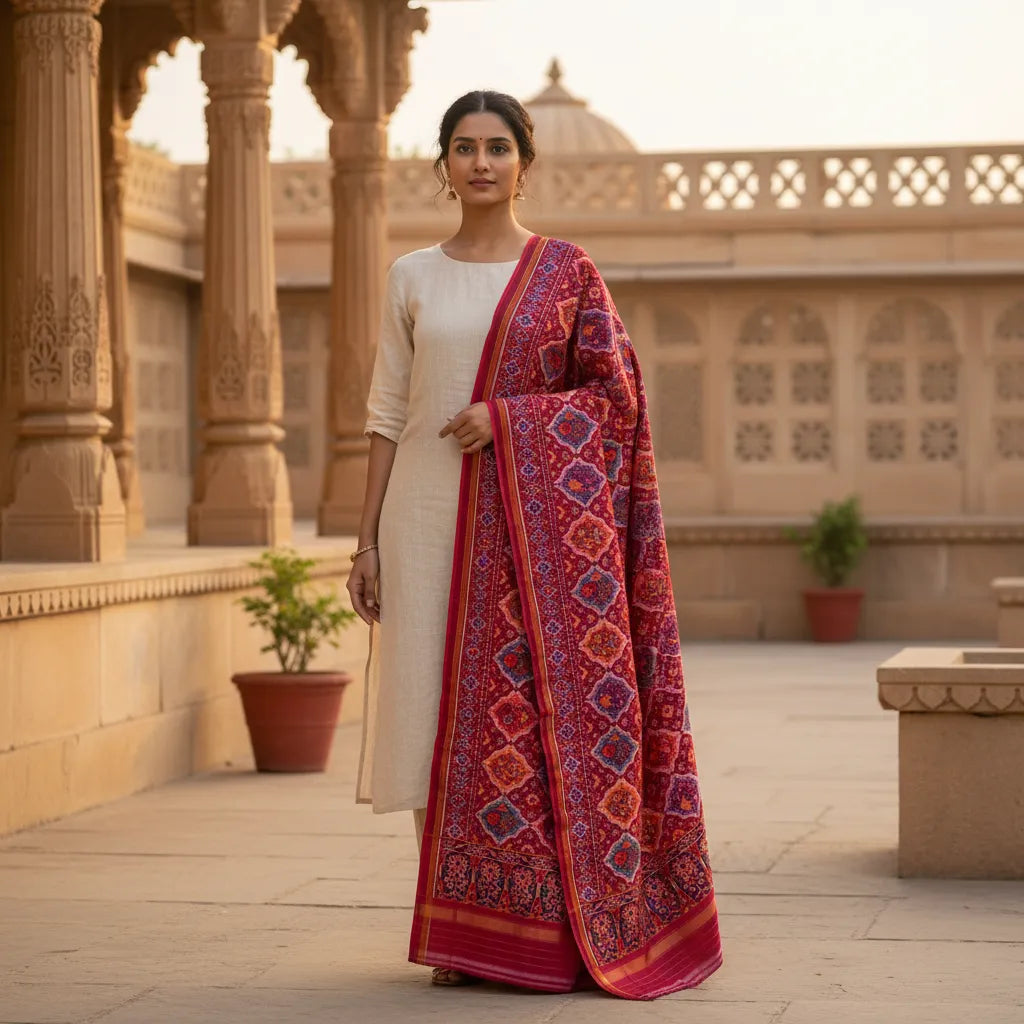 Crimson Floral Patola Dupatta
