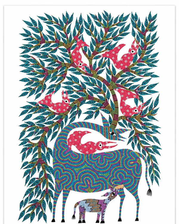 Deer and Fawn Beneath the Birds' Tree in Bhil Art Painting by Sunita Parmar
