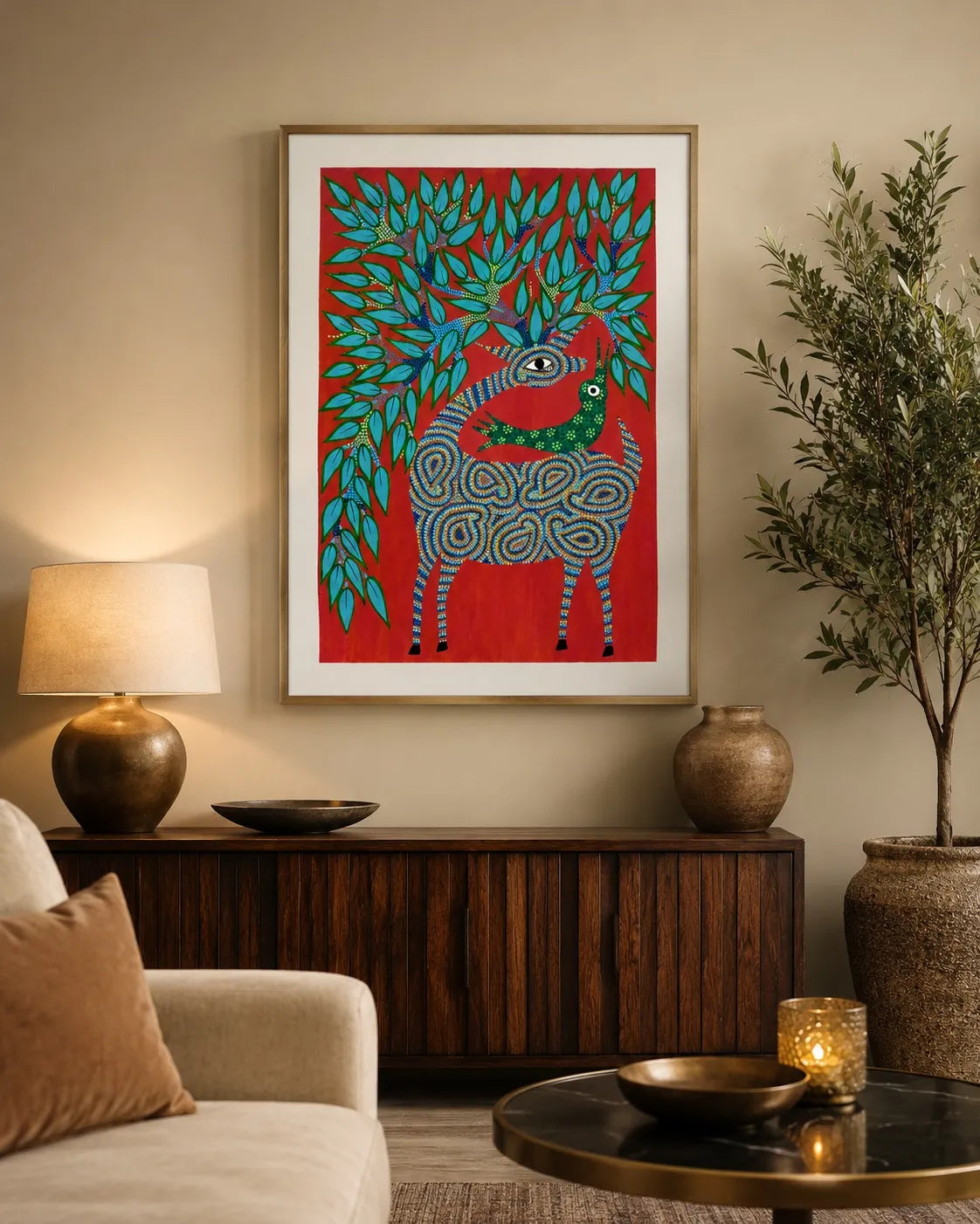 Deer and Songbird Beneath the Tree