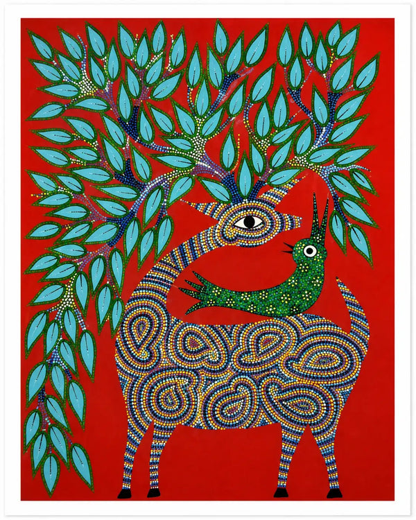 Deer and Songbird Beneath the Tree in Bhil Art Painting by Sunita Parmar