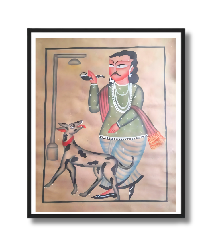 Framed artwork of a woman with a dog on a beige background Pattachitra 