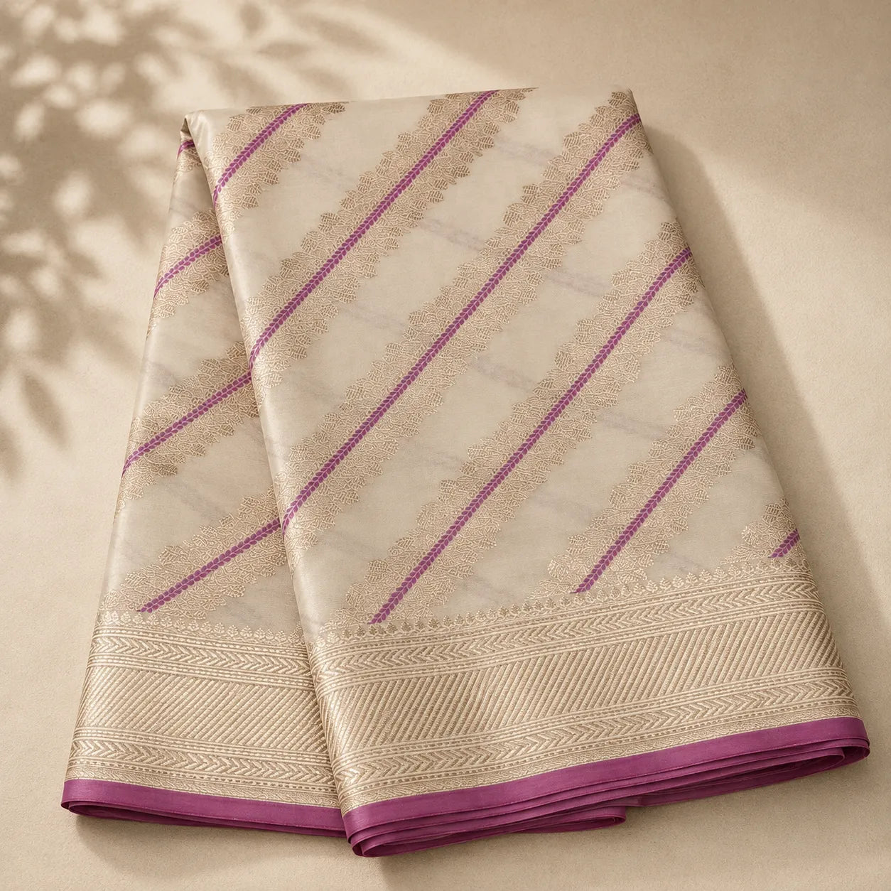ElegantIvoryBrocadeFabricwithMagentaBordersw - Avyaan