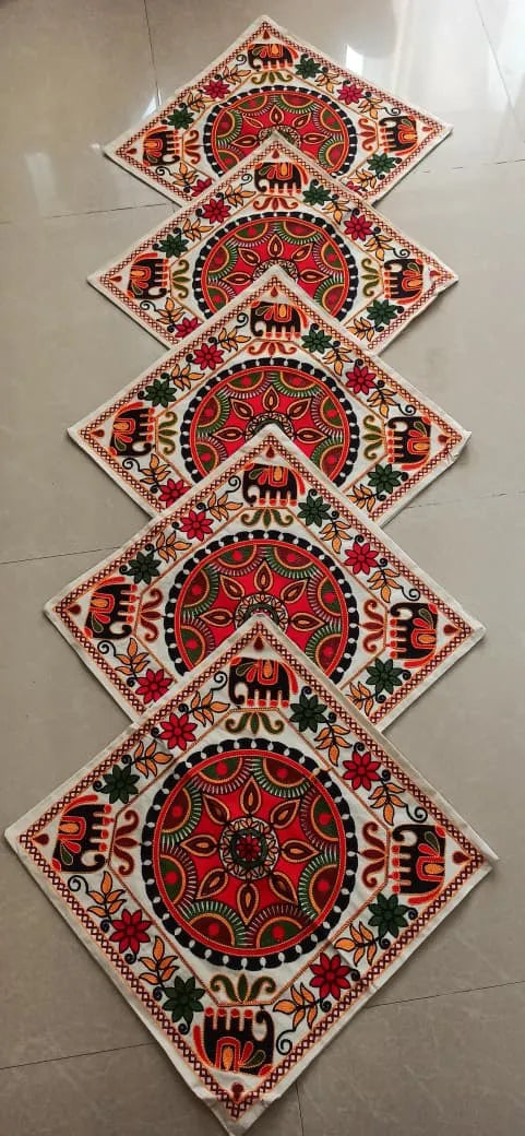Elephant Mandala Hand-Embroidered Cotton Cushion Cover Set of 5