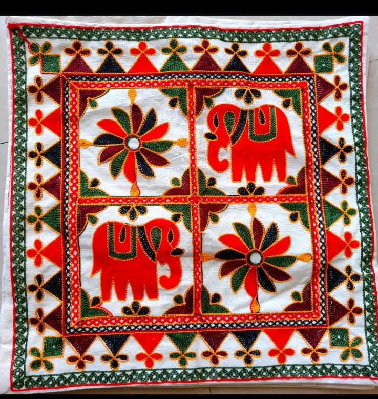 Elephant Mosaic Hand-Embroidered Cotton Cushion Cover Set of 5