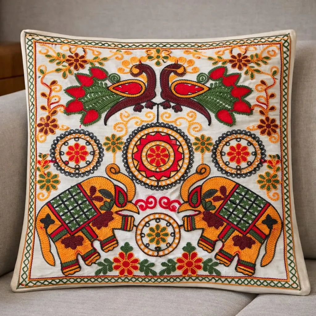 Elephant & Peacock Hand-Embroidered Cotton Cushion Cover Set of 5