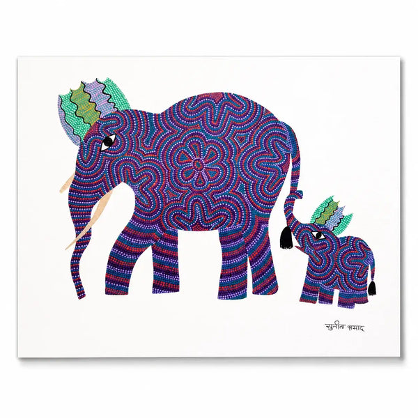 Elephant and Calf in Bhil Art Painting by Sunita Parmar