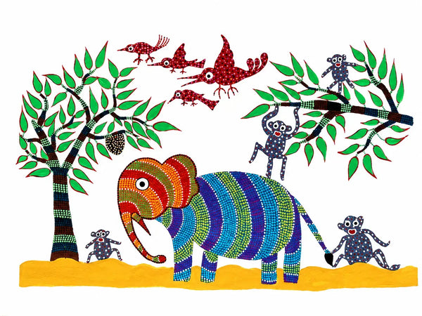 Elephant and the Forest Troupe in Bhil Art Painting by Sunita Parmar