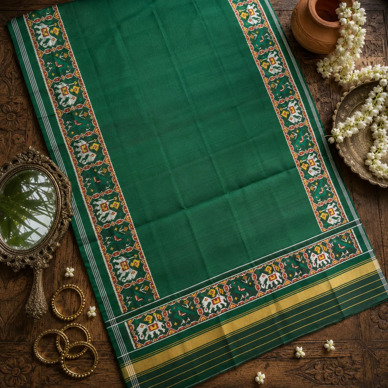Emerald Elephant & Parrot Border Patola Dupatta