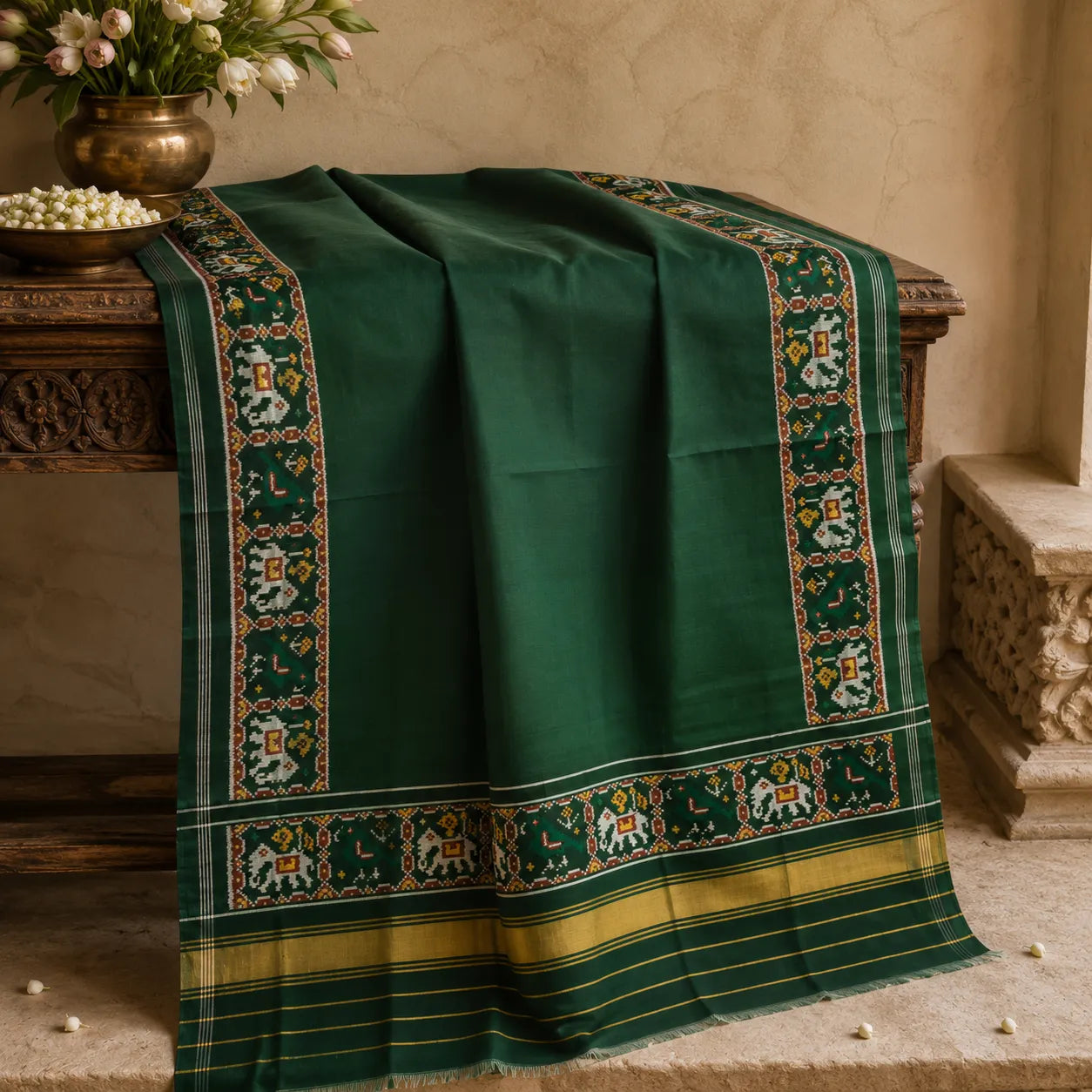 Emerald Elephant & Parrot Border Patola Dupatta