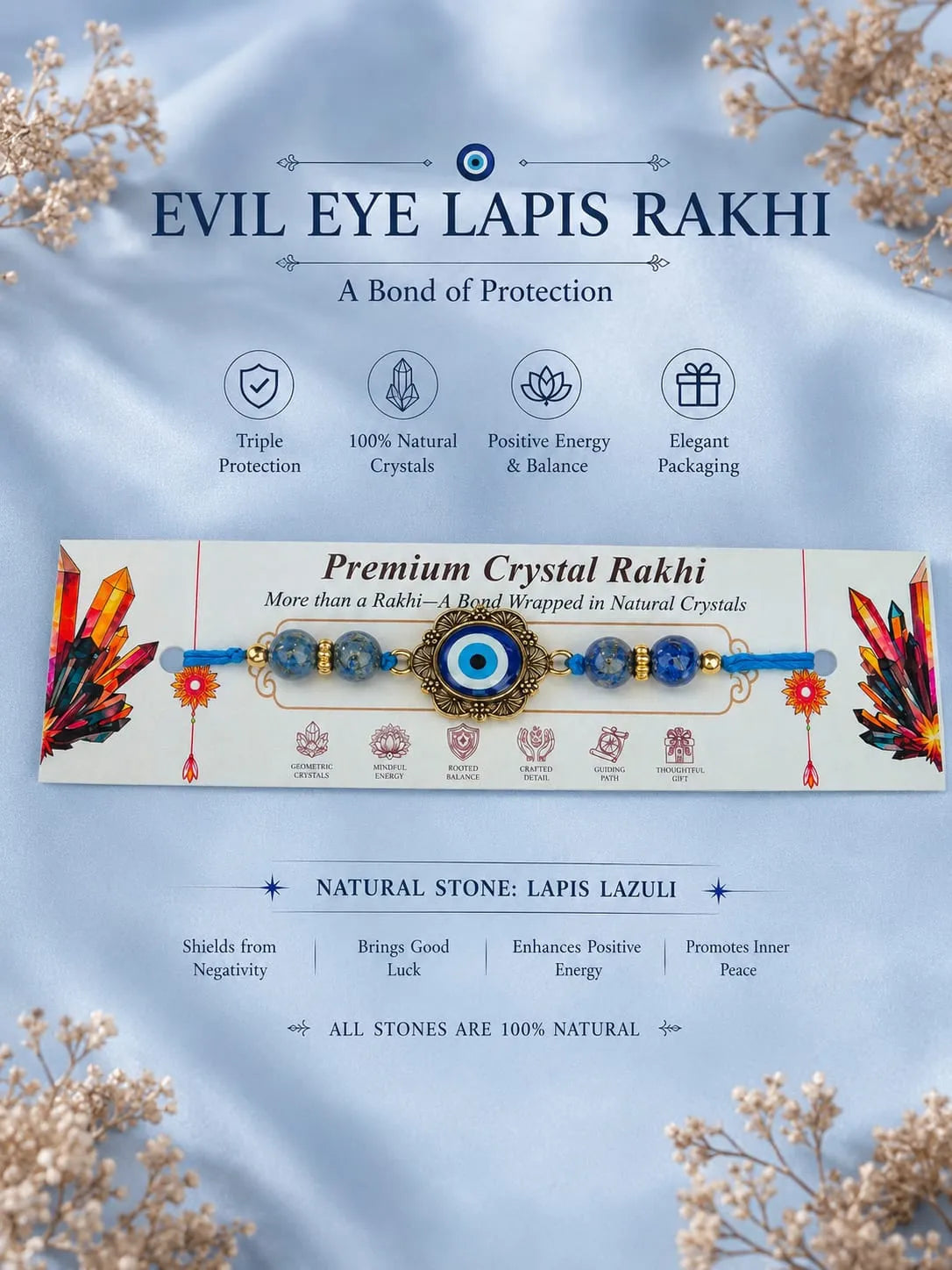 Evil Eye Lapis Lazuli Crystal Rakhi - 100% Authentic Heritage Art by Avyaan