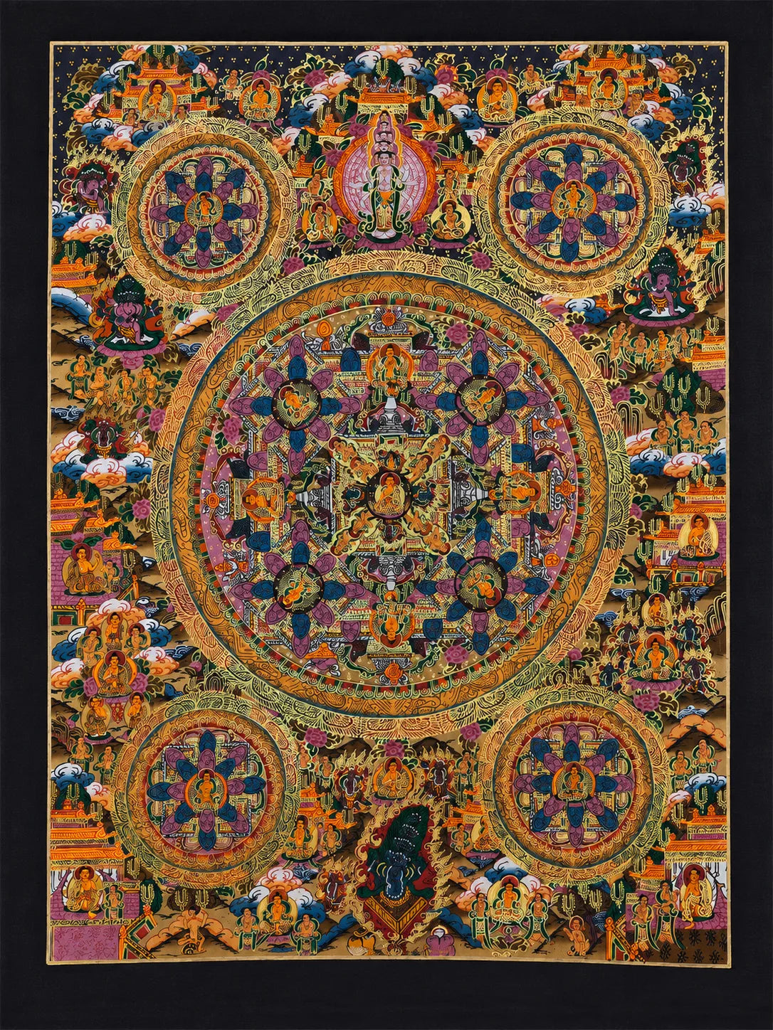 Hand-painted Tibetan Buddhist mandala wall art with intricate deity circles and vibrant spiritual symbolism - 100% Authentic Heritage Art by Avyaan