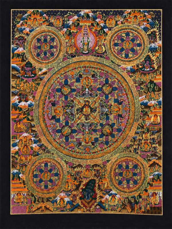 Hand-painted Tibetan Buddhist mandala wall art with intricate deity circles and vibrant spiritual symbolism