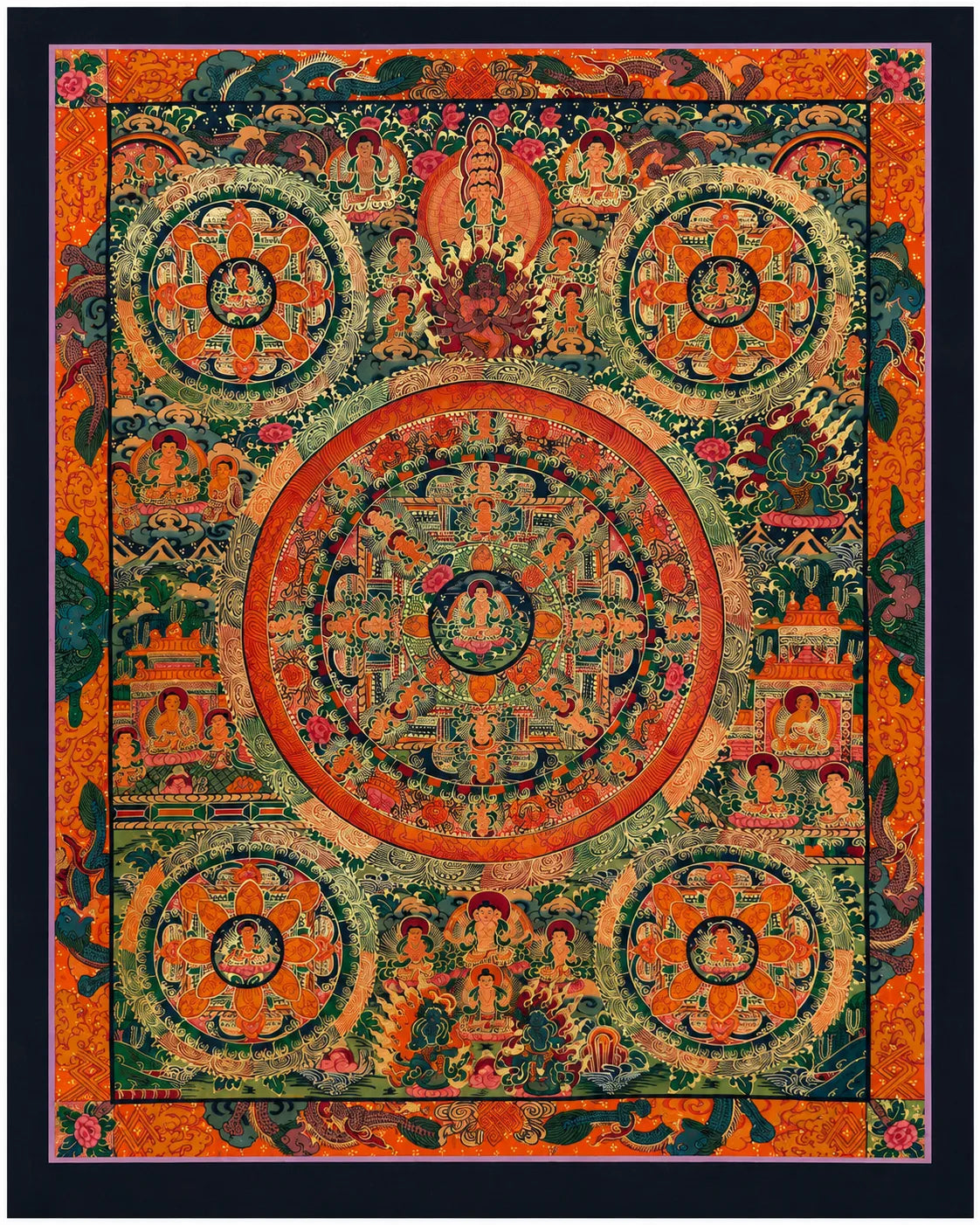 Hand-painted Tibetan Buddhist thangka with intricate mandala, deities, and vibrant orange-green hues