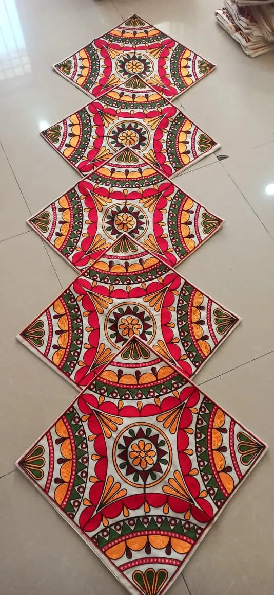 Floral Mosaic Hand-Embroidered Cotton Cushion Cover Set of 5