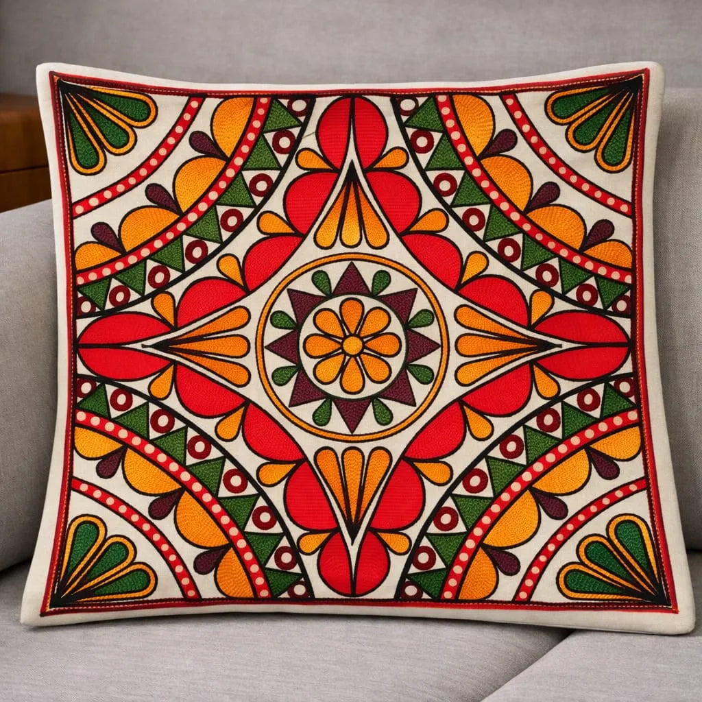 Floral Mosaic Hand-Embroidered Cotton Cushion Cover Set of 5
