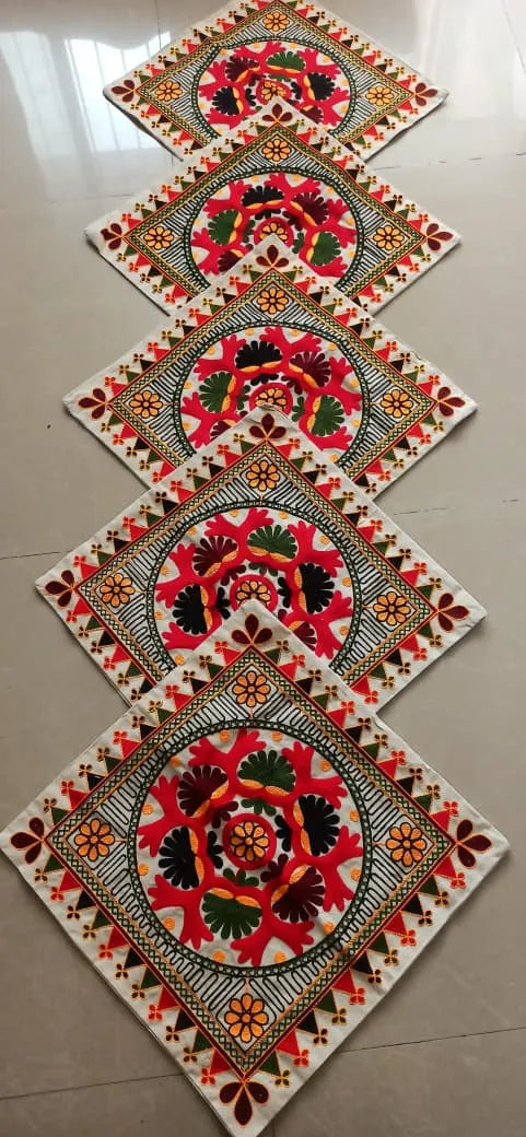 Folk Garden Hand-Embroidered Cotton Cushion Cover Set of 5
