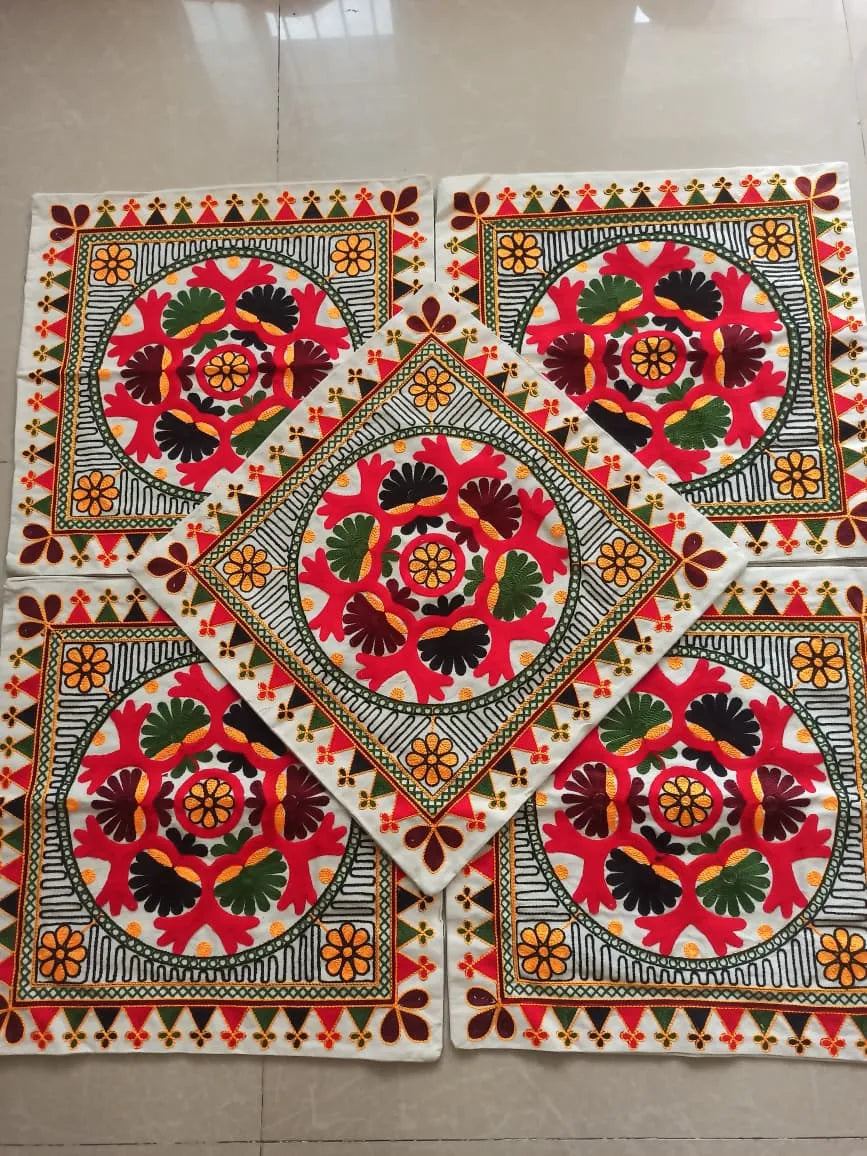 Folk Garden Hand-Embroidered Cotton Cushion Cover Set of 5