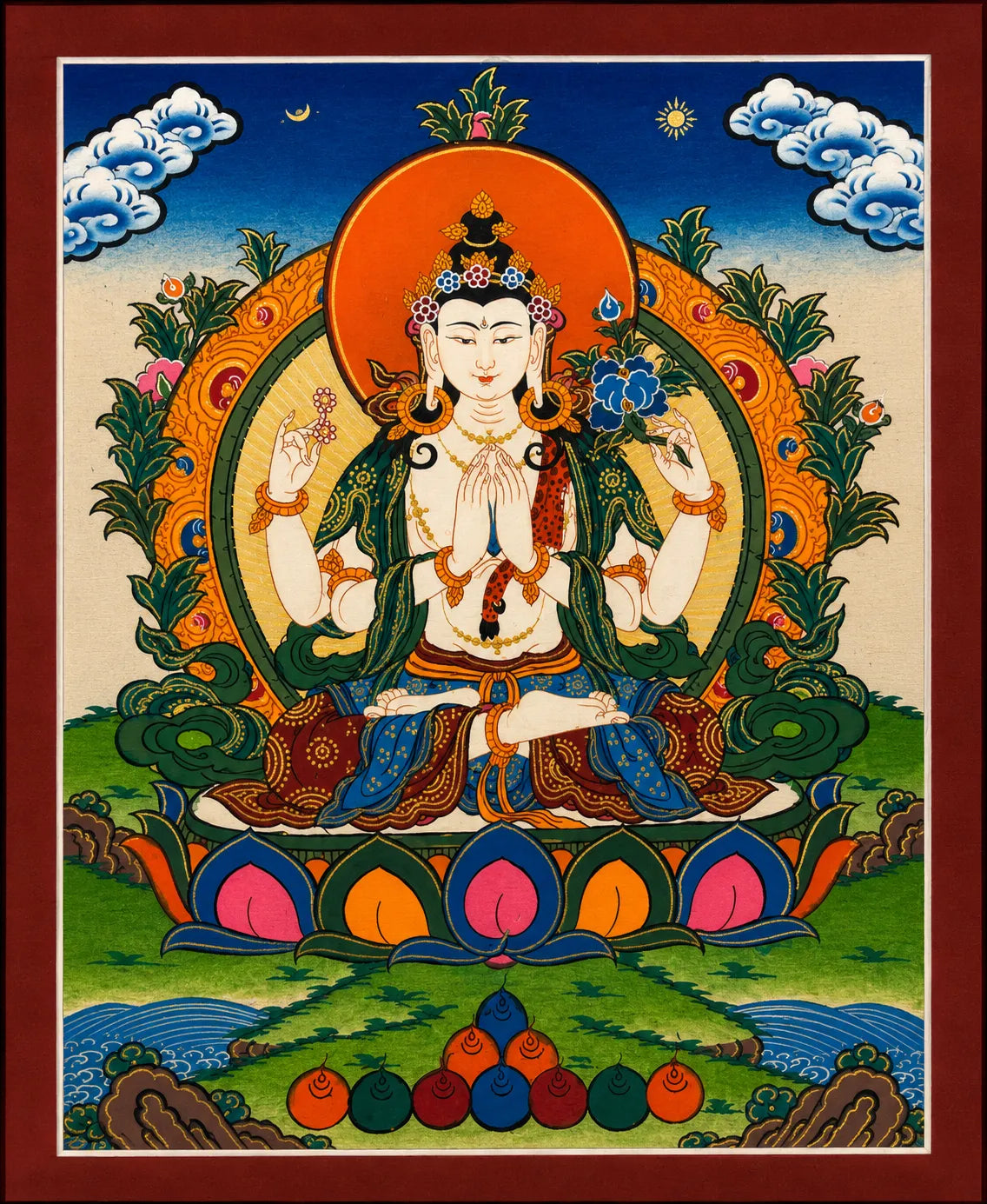 Four-armed Green Tara thangka painting with lotus throne, sun, moon, and floral mandala details