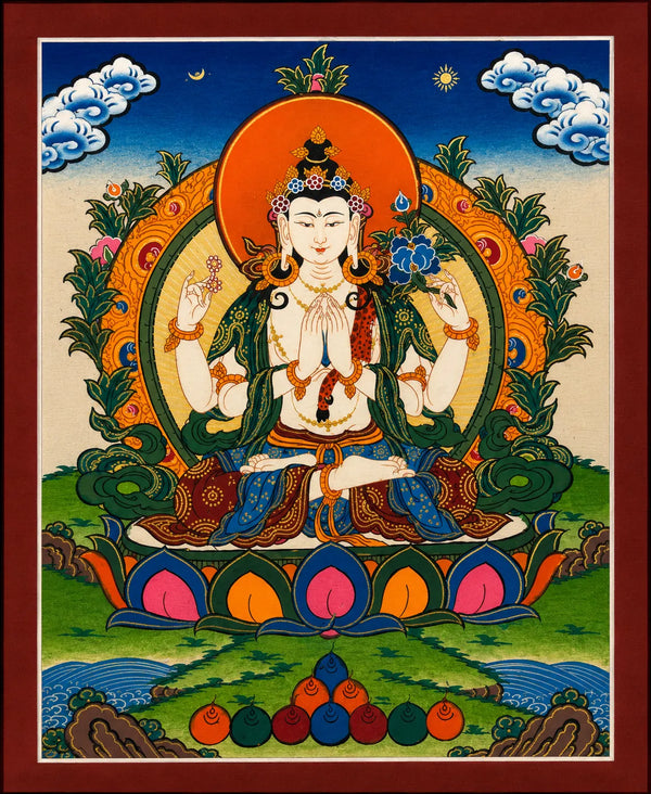 Four-armed Green Tara thangka painting with lotus throne, sun, moon, and floral mandala details