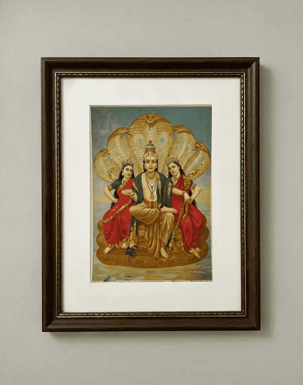 Vishnu with Sridevi and Bhudevi in Oleograph by Ravi Varma